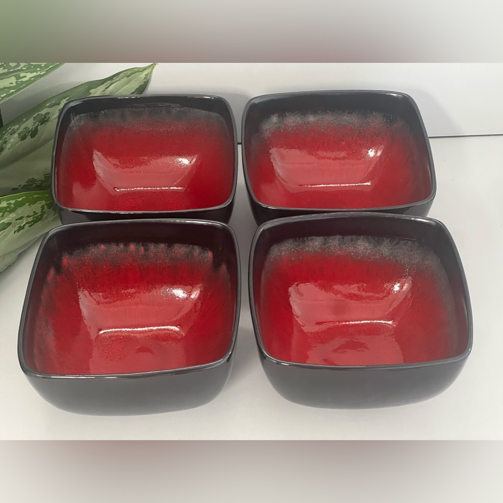 222 Fifth Ravi  Red and Black Stoneware Square Soup /Cereal Bowl  Set of 4